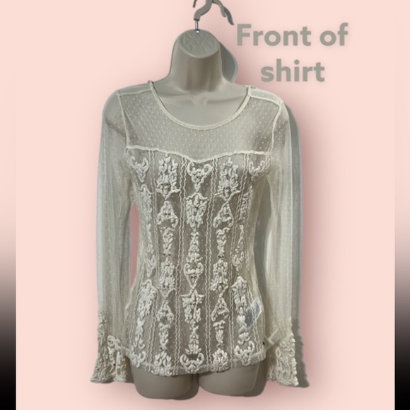 Guess Tops - Guess Sheer Long Sleeve White Mesh Blouse  Pearls & Rhinestones Shirt XS